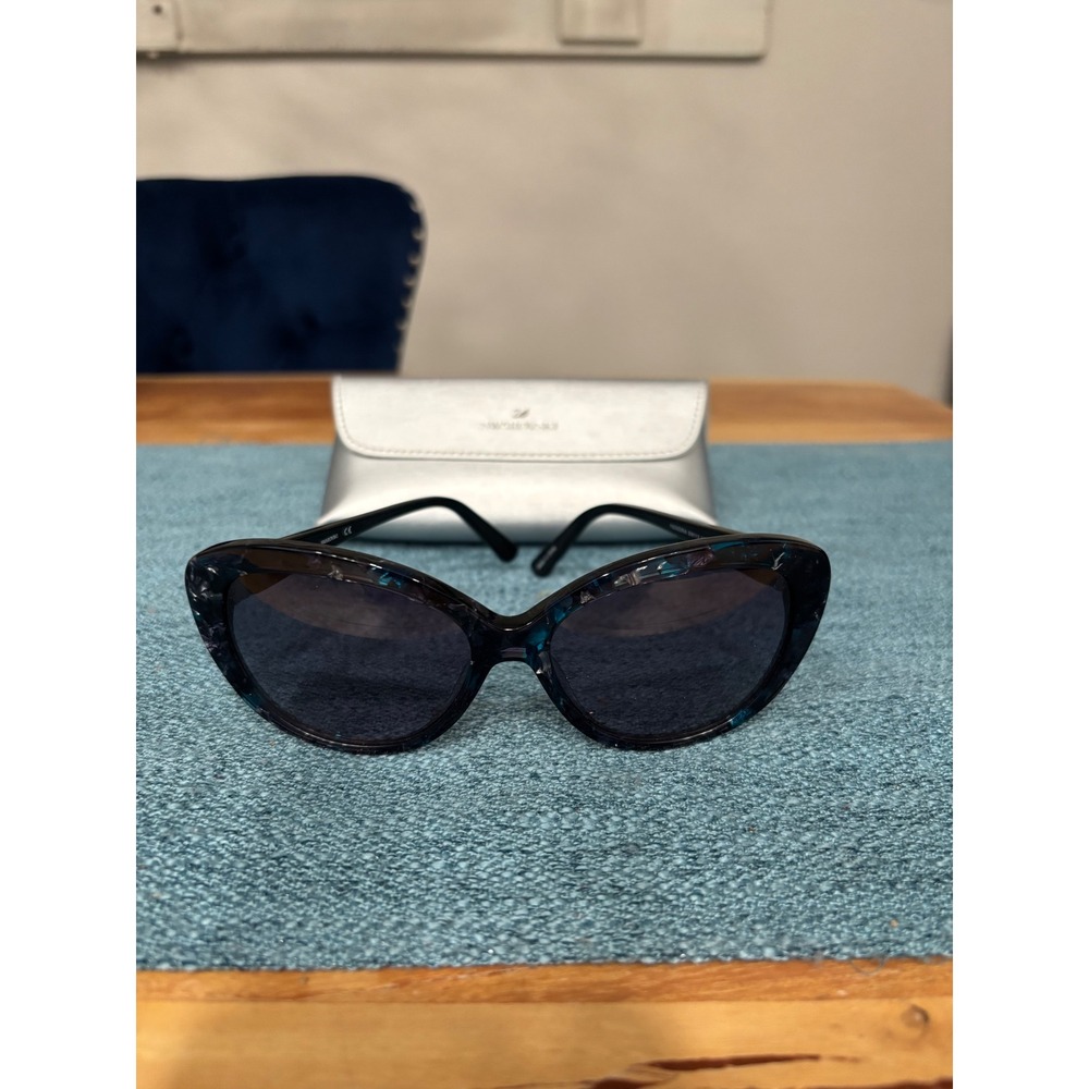 Swarovski Feodora SW112 55B Cat Eye Sunglasses Blue Tortoise Crystal Accents